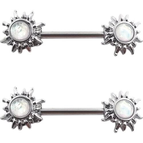 JHJT 14G 2PCS Nipple Rings Bar Double Sun Flower 316L Surgical Steel Nipple Barbell Piercing Body Jewelry