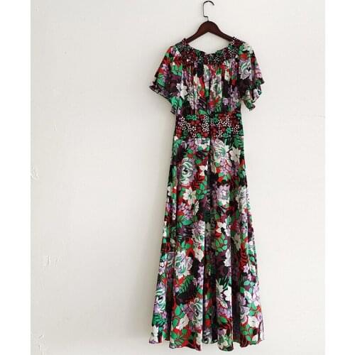 Quality 100% Cotton High Designer Fashion Summer Women Vestidos Flower Print Slash Neck Ruffles Long Dress