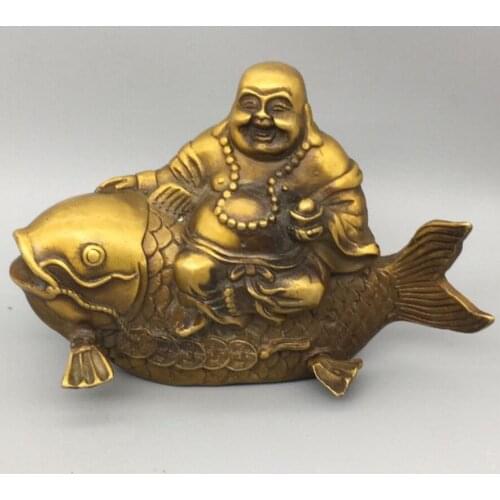 China brass Ride a fish maitreya Buddha crafts statue
