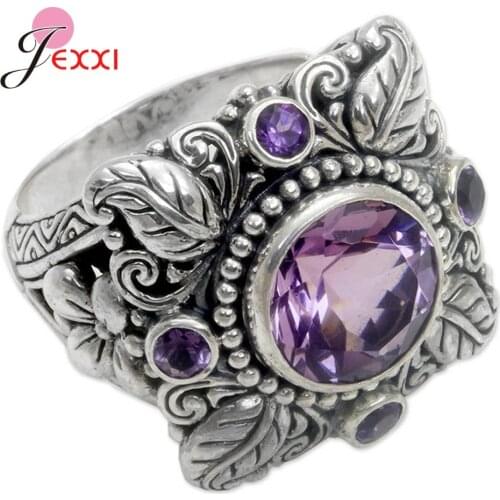 Leaf Design Round Purple CZ Crystal Engagement Unisex Ring Vintage Popular Hot 925 Sterling Silver Cubic Zirconia Jewelry