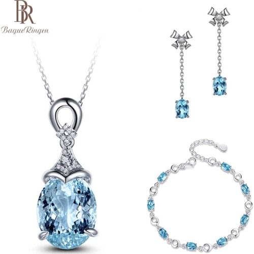Bague Ringen Trendy 925 Sterling Silver Women Jewelry Sets With Sapphire Gemstones Earrings Bracelet Necklace Party Gifts
