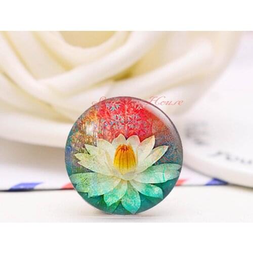 Handmade Round Lotus photo glass Cabochons, Jewelry Finding Cameo Pendant Settings, (F008-269)