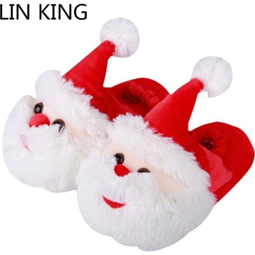 LIN KING Winter Warm Soft Santa Claus Indoor Floor Slippers Women Men Children Shoes Cute Cartton Home Flats Cotton Slides Shoes