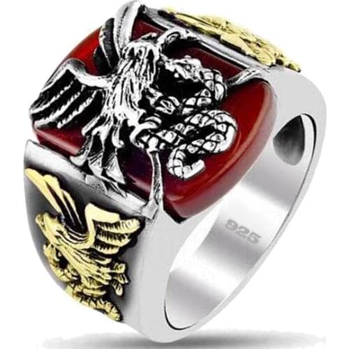 Solid 925 Sterling Silver Eagle Figure Agate Stone Mens Ring