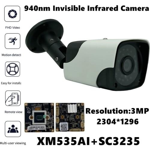 XM535AI+SC3235 940nm Invisible Infrared IP Metal Bullet Camera Outdoor 3MP 2304*1296 H.265 IRC VMS XMEYE ONVIF P2P Radiator IP66