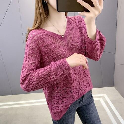 Room 192635, 7 in row 5 】 make spring pure color sets v-neck hollow-out knitted blouse [1101] 39