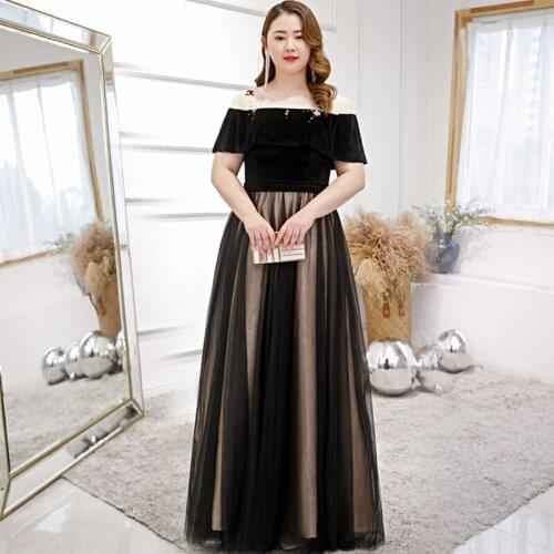 New Black Lace O-Neck A-Line Evening Dresses Ruched Short Sleeves Women Party Dress Floor-length Appliques Bling Plus Size D393