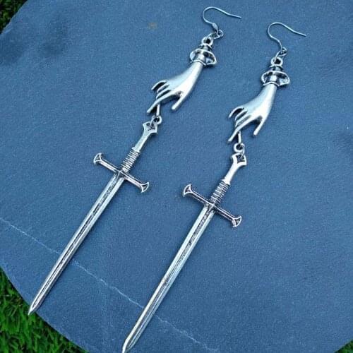 New Style Retro Sword Hand Silver Plated Dangle Earring Gothic Men Women Dark Dagger Satanic Gift Trend Men Women Party Jewelry