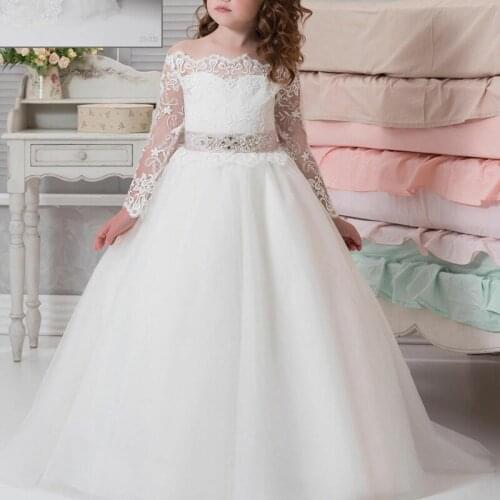 Elegant White Lace Spplique Long Sleeve Flower Girl Dresses Pink Beaded belt Girl birthday Gown First Communion Dresses