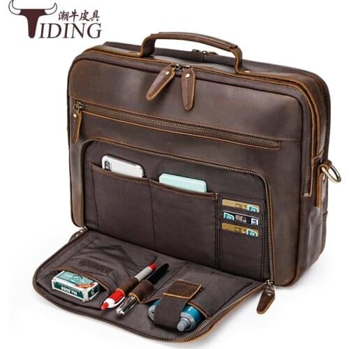 Mens Business Briefcases Bag Cow Leather Man Vintage Casual Laptop Handbag Bags Male Travel Hand Tote Briefcase Bag