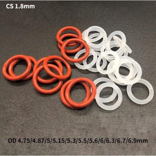 50pcs Red/White VMQ Silicone O Ring Gasket CS 1.8mm OD 4.75/4.87/5/5.15/5.3/5.5/5.6/6/6.3/6.7/6.9mm Food Grade O-Ring Seal
