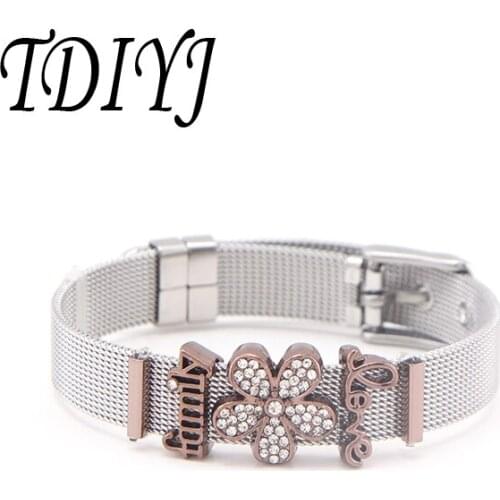 TDIYJ Fashion Women Stainless Steel Mesh Keeper Bracelets Crystal Flower Charms for Family Charms Brand Bracelets Love gift