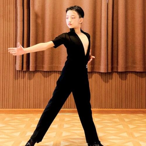 Deep V-Neck Latin Dance Tops For Kids Boy Black Short Sleeve Shirts Ballroom Tap Latino Tops Competition Performance Wear BL4197