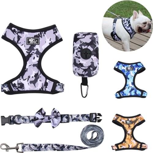 Pet Outdoor 4-pieces Camouflage Dog Harness Leash Collar Poop Bag Set for Small Medium Dogs Chihuahua French Bulldog Accessories