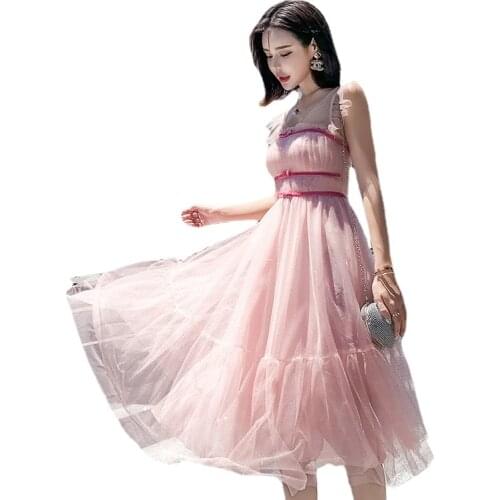 High Quality Sweet Princess Dress V-neck Ruffles Sleeveless Mid Dress Shine Sequin Mesh Dress Party Dress Vestidos De Fiesta