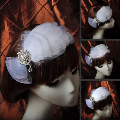 Handmade Rhinestone Feather Hair Clip For Women White Feather Fascinator Hairpin For Bride Wedding Party Ladies Hair Accessories