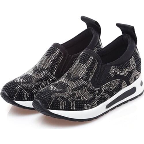 Womens Girls Slip On Diamante Rhinestones Bling Hidden Wedge Heel Sneakers loafers Sport Shoes Black White C596