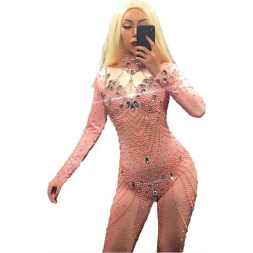 Women Sparkly Rhinestone Pink Pearls Sexy Jumpsuit Stones Stretch Bodysuit Birthday Celebrate Sexy Stage Performance Costum