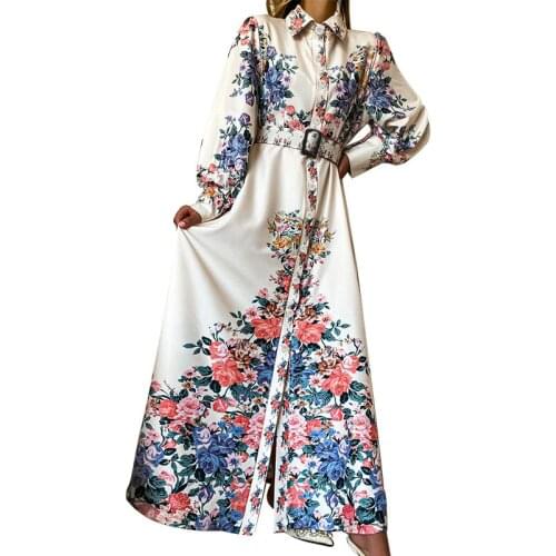 2021 Summer New Floral Printing Ankle-length Dresses Elegant Turn-down Collar Lantern Sleeve High Waist Single-breasted Dress