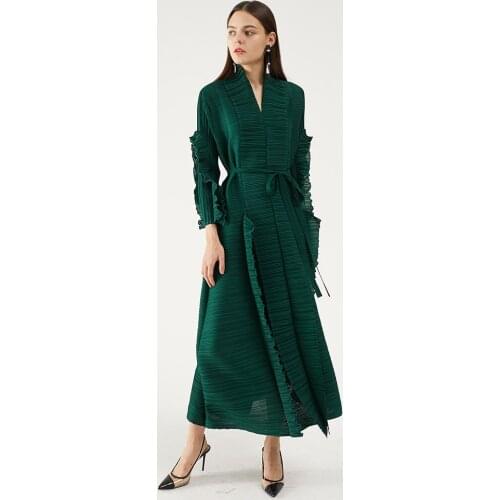 Miyake pleated long petal sleeve dress lapel cardigan Sashes plus size high long green dress 2020 winter women aesthetic clothes