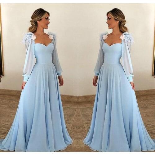 Light Blue Prom Dresses 2020 New Women Party Night Long Sleeves Chiffon Long Prom Gowns For Wedding Party Elegant Robe De Soiree