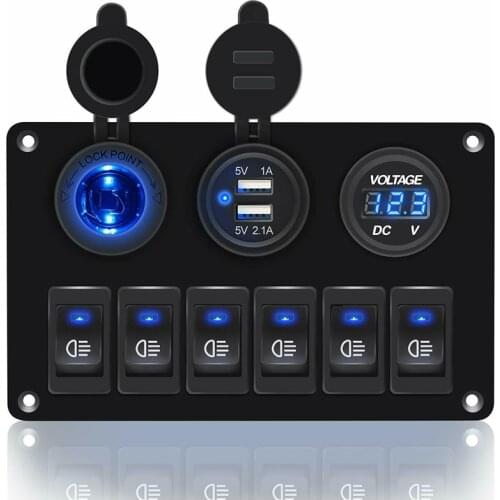 1pc 6 Gang LED Rocker Switch Panel Digital Voltmeter Dual USB Port Outlet Combination Cigarette Lighter Socket Car Marine Boat