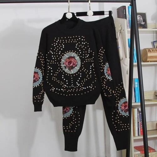 BLLOCUE Autumn Women Sequins Flowers Sweater Pants Set Long Sleeve Ladies Knit Pullover Tops + Loose Trousers Casual Women Knitt