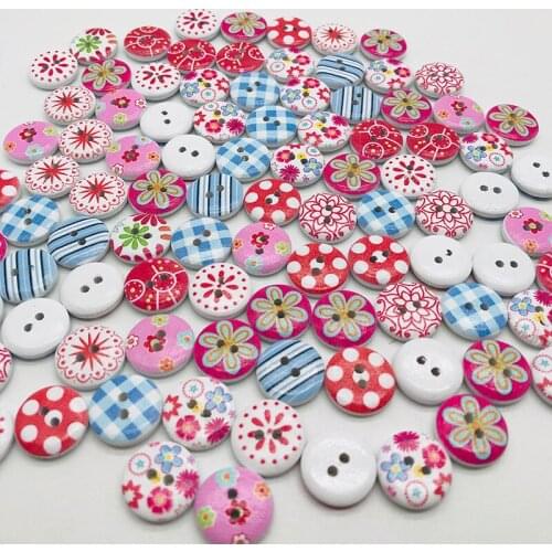 New 100pcs Mixed Round Retro Floral Printing Pattern 15mm Wood Decorative Button2 Holes Sewing Wood Button Flatback Scrapbook