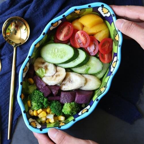 Vintage Ceramic Salad Bowl Handpainted Large Fruit Bowl Pottery Ramen Bowl Restaurant Kitchen Decor Big Decorative Coconut Bowls