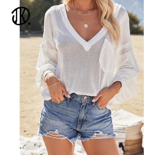 Plus Size V-neck Fashion Women T Shirt Spring Autumn Full Sleeve Lantern Sleeves Casual T-Shirts See Through Loose Pullover Tops
