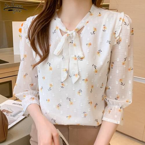 2021 Summer Chiffon Women Blouse and Tops Office Lady Short Sleeve Floral Women Shirts Bow Printing Female Clothing 13993