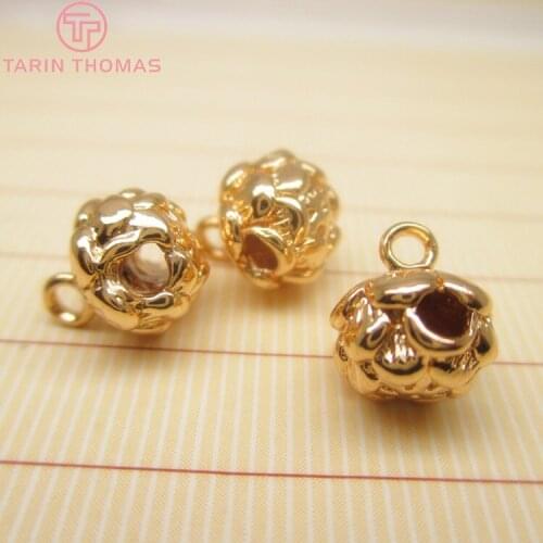 6PCS 8x9MM 24K Gold Color Plated Brass Lotus Flower With Large Hole Pendant Charm for Jewelry Making Finding Accessories
