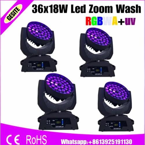 4pcs/lot Zoom 36x18W RGBWA UV Color DMX Stage Touch Screen LED Moving Head