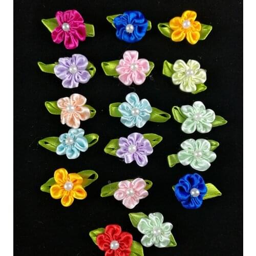 50PCS Ribbon Rose Pearl DIY Wedding Flower Satin Decor Bow Appliques Craft Sewing Leaves Fabric for Cloth Ornament DIY Ribbon