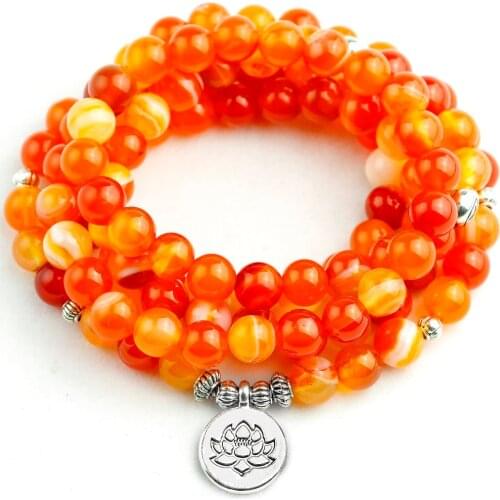 8MM Orange Stripe Onyx Mala Bracelet Women Lotus Tree Wing Pendant Necklace Unisex 108 Prayer Beads Stone Jewelry Men