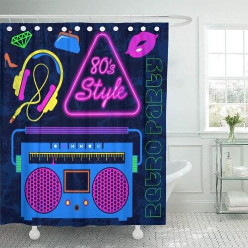 80 Retro Neon Colorful Vintage Lips Headphones Cassette Radio Shower Curtain Waterproof Polyester Fabric 60 x 72 Inches Set