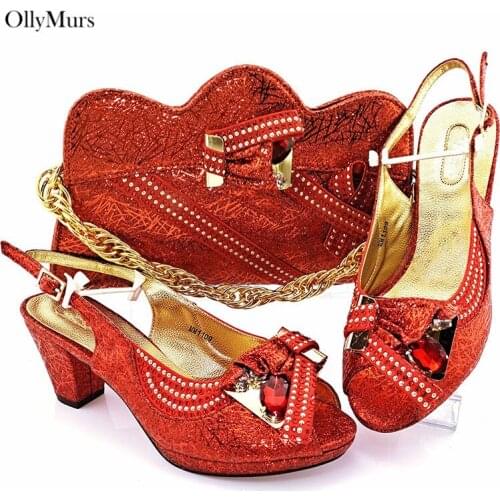 African Design Decoration With Rhinestone Shoes And Bag Set Luxury Fuchsia Color Shoes And Bag Set For Wedding Dress