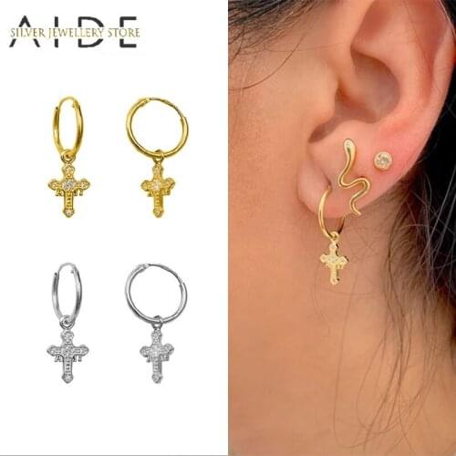 AIDE Exquisite Cross Hoop Earrings for Women Geometric Punk Girl Pierced 925 Sterling Silver Earings Fine Jewelry kolczyki