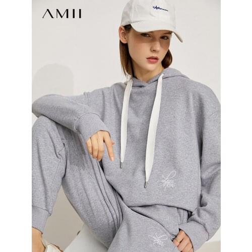 AMII Minimalism Casual Womens Set Embroidery Hoodies Sweatshirt High Waist Women Pants Loose Autumn Female Sport Suit 12140848