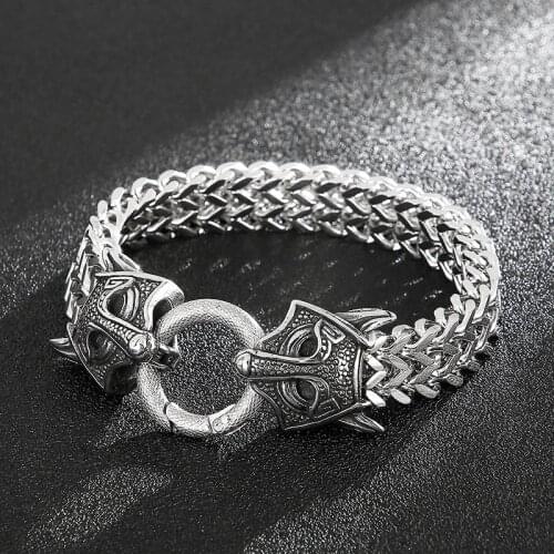 Bracelet for Mens Stainless Steel Braided Chain Retro Domineering Viking Fox Head Round Spring Clasp Fashion Punk Jewelry Gift