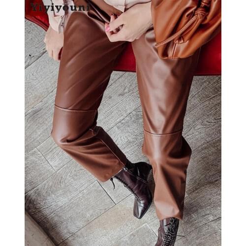 Yiyiyouni Elastic High Waist Spliced Leather Pants Women Fleece Loose Straight PU Trousers Female Autumn Winter Black Pants 2021