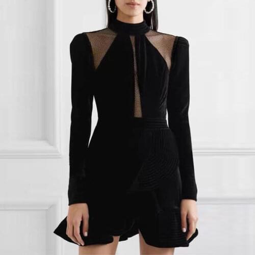 Dress for Women Sexy Pencil Dress Solid Mesh Patchwork Fashion Velvet Puff Sleeve Elegant Skinny Evening Party Formal Dresses