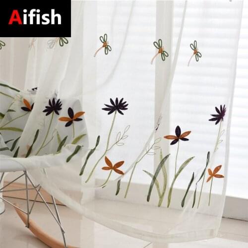 Cartoon Dragonfly Embroidered Curtains Decoration Childrens Bedroom Study Tulle Linen Vertical Floor Curtains Custom ZH031-4