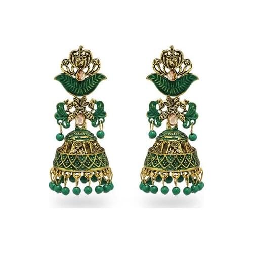 Emerald Earrings Ethnic Womens Indian Jhumka Earring Afghan Gypsy Jewelry Boho Gold Alloy Leaf Carved Bell Tassel Drop Earrings
