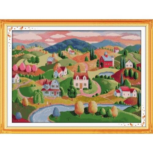 Oil painting village cross stitch kit aida 14ct 11ct count print canvas cross stitching kits needlework embroidery DIY handmade