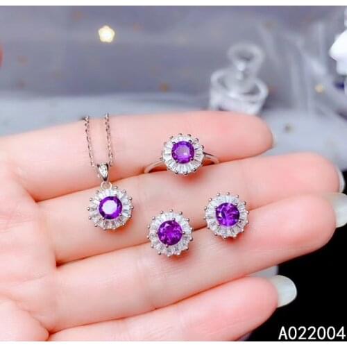 KJJEAXCMY Fine Jewelry 925 sterling silver inlaid Amethyst female gemstone ring pendant earring set luxury
