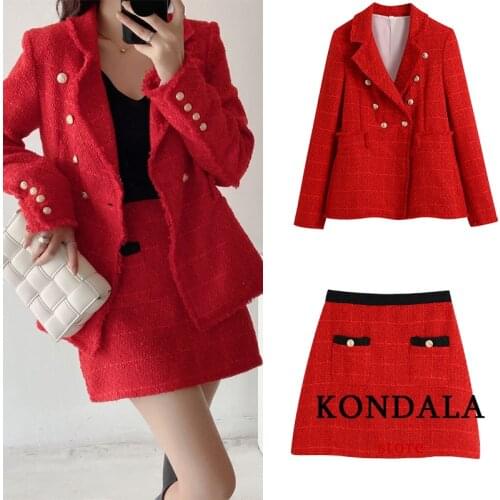 KONDALA Za 2021 Chic Red Plaid Office Lady Women Blazer Long Sleeve V Neck Golden Buttons Jackets Women Fashion Autumn Outwear