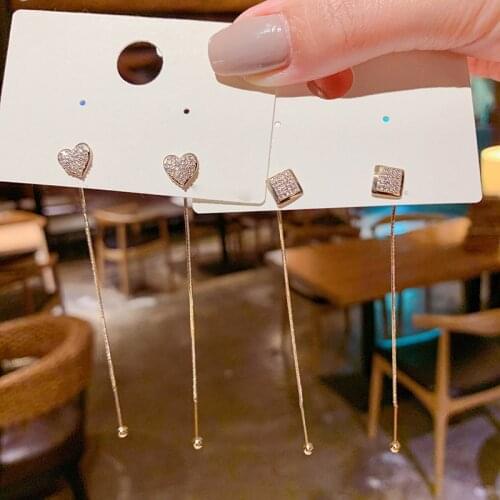 Korean New Fashion Crystal Heart Drop Earrings Womens Geometric Long Tassel Pearl Dangle Earrings Sweet Cute Jewelry Gifts