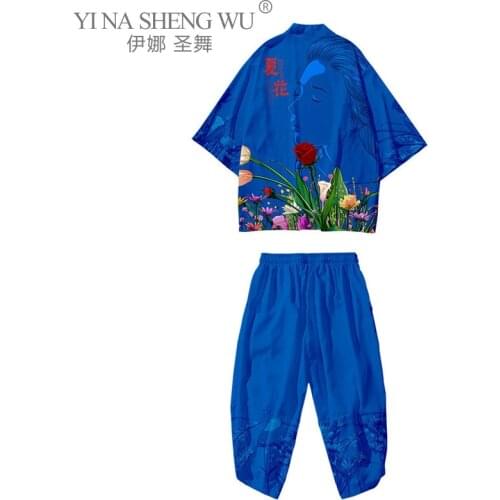 Summer Japanese Kimono Traditional Casual Loose Thin Set of Coat and Pants Asian Clothes Cardigan Print Men Sun Protect Clothing