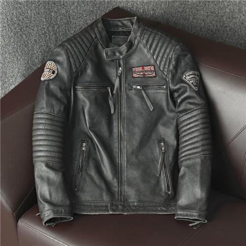 Mens Genuine Leather LEATHER MAN Vintage Motorcycle Leather Jacket Cowhide Real Animal Leather Male OX Toro